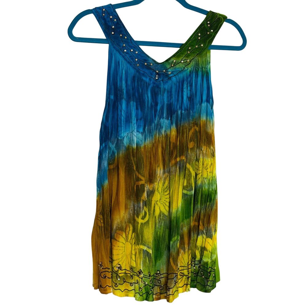 Just Cruising Tie Dye Floral Swing Top Blouse Shirt Bead Embroidery OS bv